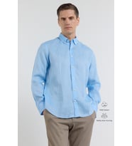 Mavi Keten Düğmeli Yaka Uzun Kol Cepsiz Slim Fit %100 Keten Gömlek 1004260161