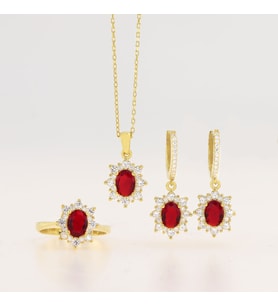 925 Ayar Gümüş Oval Kırmızı Taşlı Gold Anturaj Set