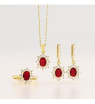 925 Ayar Gümüş Oval Kırmızı Taşlı Gold Anturaj Set