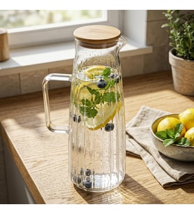 Bambu Kapaklı Borosilikat Cam Yağdanlık ve Sürahi, Çok Amaçlı İçecek ve Sıvı Gıda Saklama 1000ml (11x26cm)