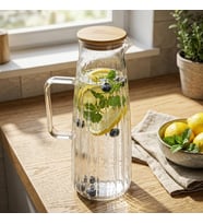 Bambu Kapaklı Borosilikat Cam Yağdanlık ve Sürahi, Çok Amaçlı İçecek ve Sıvı Gıda Saklama 1000ml (11x26cm)