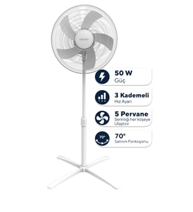 Kumtel Beyaz 16 inç Ayaklı Vantilatör 50 W, 5 Pervaneli, 3 Kademeli, 121 cm Yükseklik