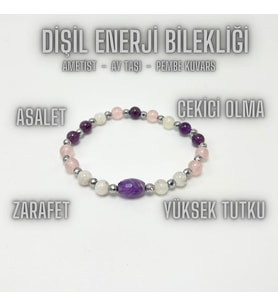 SERTİFİKALI Dişil Enerji Doğal Taş Bileklik - Ay Taşı - Pembe Kuvars - Ametist