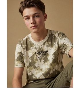 LCW Kids Haki Bisiklet Yaka Batik Desenli Erkek Çocuk Tişört