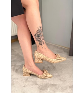 Kadın Mila Bej Kroko Fiyonklu 3,5 cm Blok Topuklu Stiletto / Ayakkabı