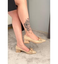 Kadın Mila Bej Kroko Fiyonklu 3,5 cm Blok Topuklu Stiletto / Ayakkabı