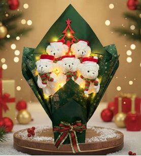 Premium Özel Yeni Yıl Serisi – Yeşil Konseptli LED Işıklı 5’li Noel Ayıcık Buketi (Beyaz)