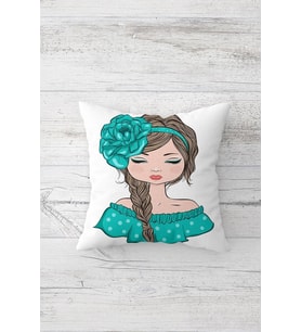 Turkuaz Çiçek Tokalı Fashion Girl Çift Tarafı Baskılı Gizli Fermuarlı Yastık Kılıfı Kırlent Yastık (Beyaz-Turkuaz)