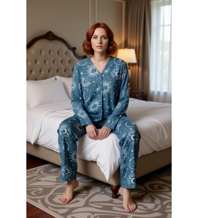 Kadın Uzun Kollu Galaksi Desenli Pijama Takımı Fonksiyonel Dayanıklı Kaliteli Konforlu Şık
