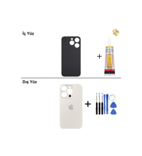 iPhone 15 Pro Beyaz Titanyum Arka Kapak Arka Cam Batarya Kapağı Lazer Kesim Kapak Pil Kapağı + B-7000 Yapıştırıcı + Tamir Seti