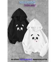 Sevgili Çift Kombini Panda Baskılı Kapüşonlu Sweatshirt 2li Set Takım (Beyaz-Siyah)