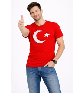 Erkek T-Shirt Kısa Kol Bisiklet Yaka Ay Yıldız Bayrak Baskılı Tişört - Kırmızı