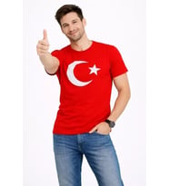 Erkek T-Shirt Kısa Kol Bisiklet Yaka Ay Yıldız Bayrak Baskılı Tişört - Kırmızı