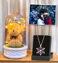 Kişiye Özel Fotoğraflı Hediye Seti  Led Işıklı Peluş Ayıcıklı Fanus & Lotus Kolye