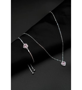 Pembe Zirkon Taşlı Kalp Charm Model Kadın Kolye ve Bileklik İkili Set