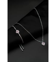 Pembe Zirkon Taşlı Kalp Charm Model Kadın Kolye ve Bileklik İkili Set