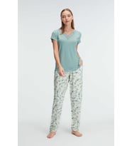 Kadın Kısa Kol V Yaka Viskon Tropikal Yazlık Örme Normal Bel Nakış Detaylı Pijama Takımı (Renksiz)