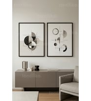 Minimalist Geometrik Kompozisyon 2’li Ahşap Çerçeveli Tablo Seti