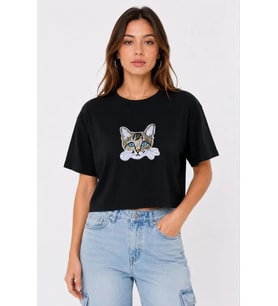 Kedi Baskılı Oversize Crop Tişört Salaş Basic Yarım Kol T-shirt - Siyah