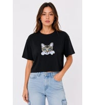 Kedi Baskılı Oversize Crop Tişört Salaş Basic Yarım Kol T-shirt - Siyah