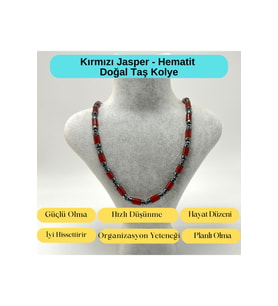 Sertifikalı Kırmızı Jasper ve Hematit Makrome Doğal Taş Kolye 55 - 65 cm Ayarlanabilir Ölçü