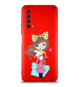 Huawei P Smart 2021 Soft Premier Kapak Vespagirl Tasarımlı Silikon Kılıf - Kırmızı (Şeffaf)
