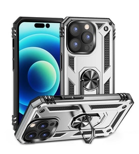 Apple iPhone 14 PRO Kılıf Yüzüklü Standlı Korumalı Tank Kapak (Gri)