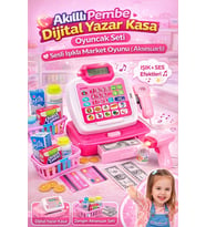 Akıllı Pembe Dijital Yazar Kasa Oyuncak Seti Sesli Işıklı Market Oyunu Aksesuarlı