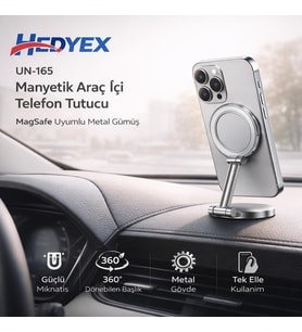 Hedyex UN-165 Manyetik Araç İçi Telefon Tutucu MagSafe Uyumlu Metal Gümüş