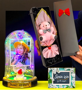 Size Özel Fotoğraflı İsimli Renkli Led Işıklı Fanus ve Kutusunda Pembe Ayıcık Buketi (Model 4)