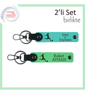 Futbol Temalı Kız Sevgiliye Anlamlı Hediye, Kalıcı Deri Anahtarlık Seti, Turkuaz-Fıstık Yeşil