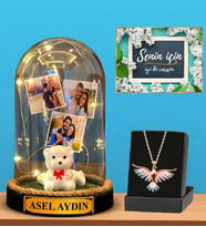Premium Set - Kişiye Özel Led Işıklı Fanus ve Renkli Zümrüdü Anka Kuşu Kolyesi (Model 3)
