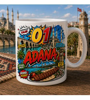 Adana Temalı Hediyelik Kupa Bardak - 01 Plaka Pop-Art Çizgi Roman Baskılı Özel Tasarım Kupa