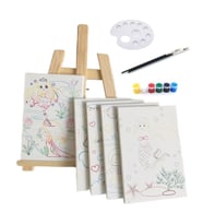 Çocuk Ressam Seti, Mini Şövale ve 5 Adet 30 x 40 cm Önçizimli Tuval, Sağlıklı Boyalar ve Palet (Beyaz)