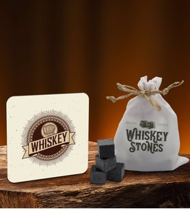 BK Gift Whiskey Tasarımlı Ahşap Bardak Altlığı ve 6’lı Granit Viski Taşı Hediye Seti - Model 1
