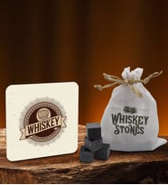 BK Gift Whiskey Tasarımlı Ahşap Bardak Altlığı ve 6’lı Granit Viski Taşı Hediye Seti - Model 1