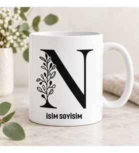 Kişiye Özel Baş Harf ve İsim Yazılı Minimalist Botanik Desenli Seramik Kupa Bardak