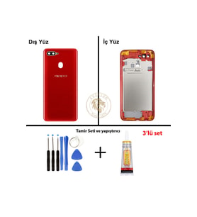 Oppo A5S Kırmızı Uyumlu Lensli Orta Kasa + Yapıştırıcı ve Vida Seti Full Kasa Kapak Gövde Housing