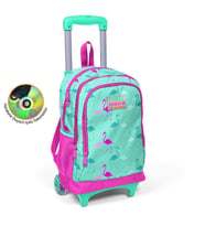 Coral High Kids Su Yeşili Neon Pembe Flamingo Desenli Üç Bölmeli Işıklı Tekerlekli Çekçekli Okul Sırt Çantası 23131