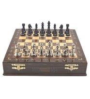 GiftHome Premium Black Metal Klasik Satranç Takımı ve El İmali Masif Ahşap Sandıklı (Ceviz) Tahtası (38X38X6 cm.)
