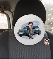 BK Gift Kişiye Özel Plakalı Erkek Peugeot 3008 Karikatürlü Yuvarlak Araç Koltuk Yastığı-1