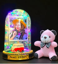 Sizlere Özel Renkli Led Işıklı Biblolu Fanus ve Pembe Peluş Ayıcıklı Anahtarlık (Model 2)