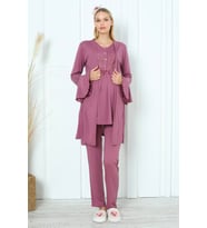 Ekru Renk Dantel Detaylı Erdeniz 3391 Sabahlıklı Hamile Pijama Takımı (Vişne)