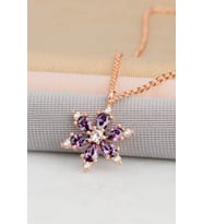 925 Ayar Gümüş Zincirli Zirkon Taşli Rose Kaplama Lotus Kamelya Çiçeği Kolye
