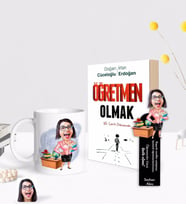 BK Gift Kişiye Özel Kadın Öğretmen Karikatürlü Beyaz Kupa Ahşap Kitap Ayracı ve Öğretmen Olmak Kitabı Hediye Seti-5