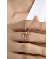 Kadın Orjinal 925 Ayar Gümüş Zirkon Baget Taşlı Kelebek Model Kolye (Rose)