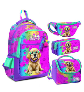 Coral High Mor Pembe Köpek Desenli Kız Çocuk Okul Beslenme Kalemlik ve Bel Çantası Seti - İlkokul İçin Uygun