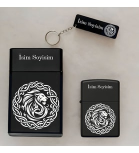 Tribal Aslan Desenli Kişiye Özel İsimli Çakmak,Metal Tabaka ve Anahtarlık Seti - 3'lü Hediye Set