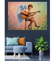 Melek Kanatlı Gitar Çalan Dekoratif Kanvas - Mdf Ahşap Tablo