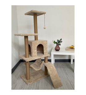 B-07 Hamaklı Yuvalı Lüx Kedi Tırmalama Oyun Evi-bej